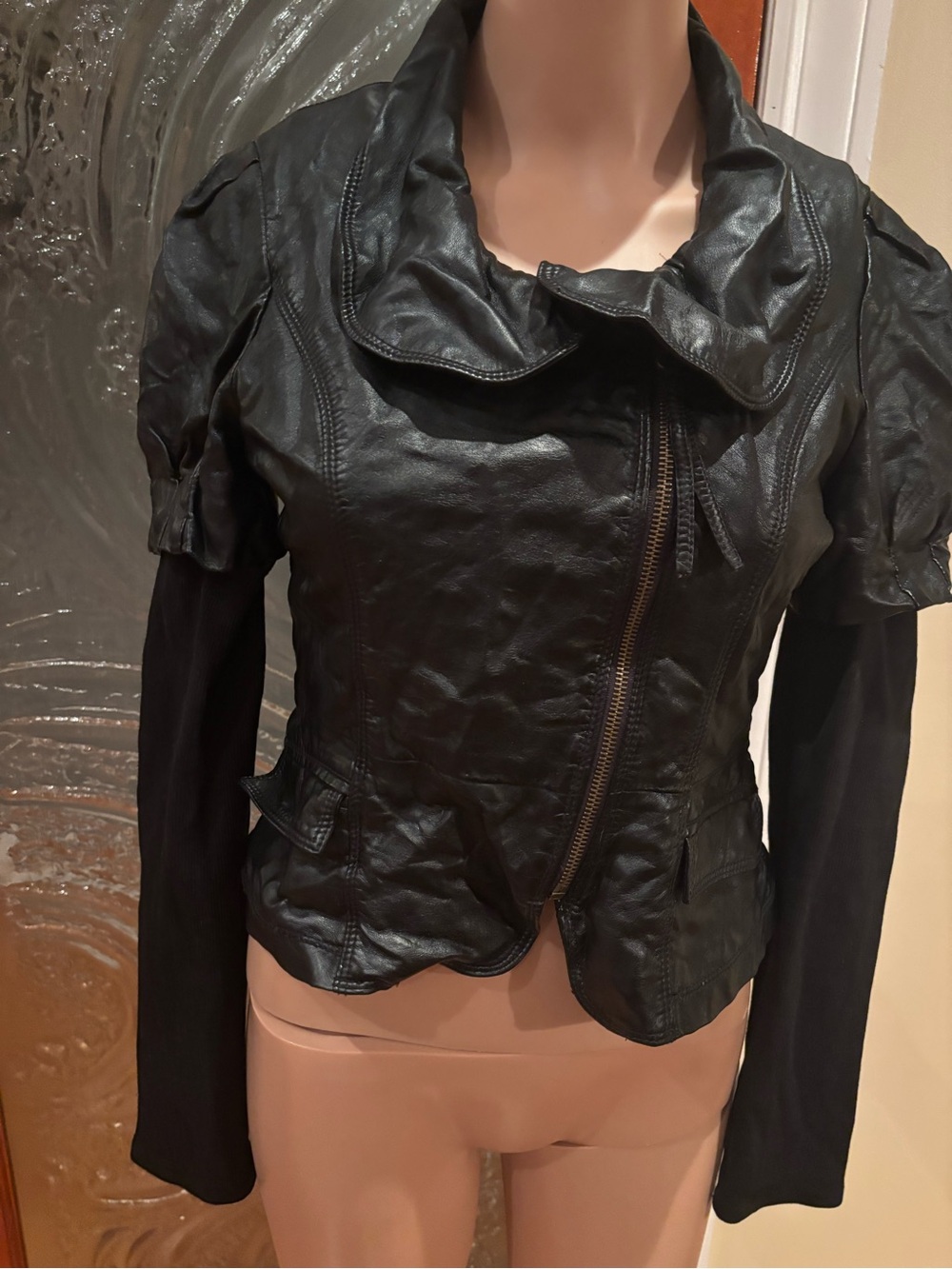 TCEC Black Faux Leather Asymmetrical Zip Draped-Collar Jacket